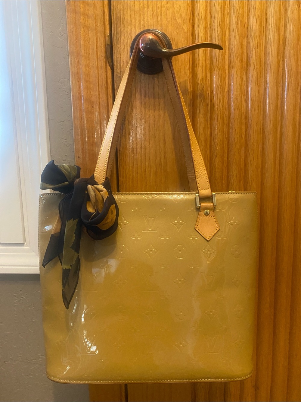 LV Monogram Houston Vernis Yellow Gold Patent Tote Bag